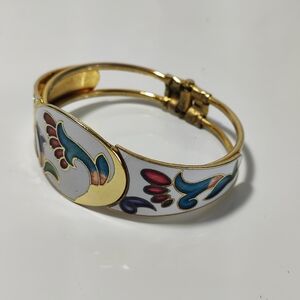 Vintage Cloisonné Enamel Hinged Bracelet White Floral Gold Tone Cuff